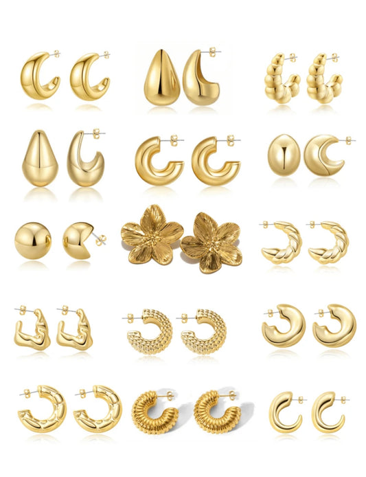 15pcs Gold Hoop Earring Set